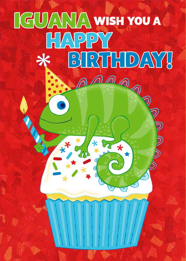 CF-7099E - Iguana Birthday - Foil Card - Colorful birthday greeting card featuring a smiling green iguana wearing a party hat, perched on a blue cupcake against a red background with confetti