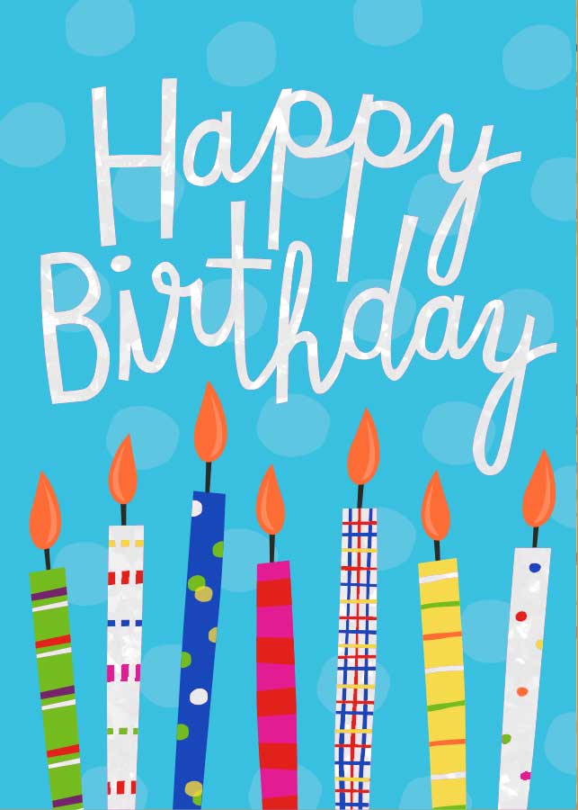 CF-7100E - Happy Birthday Candles - Foil Card - Colorful birthday candles with orange flames on a bright turquoise background with "Happy Birthday" text