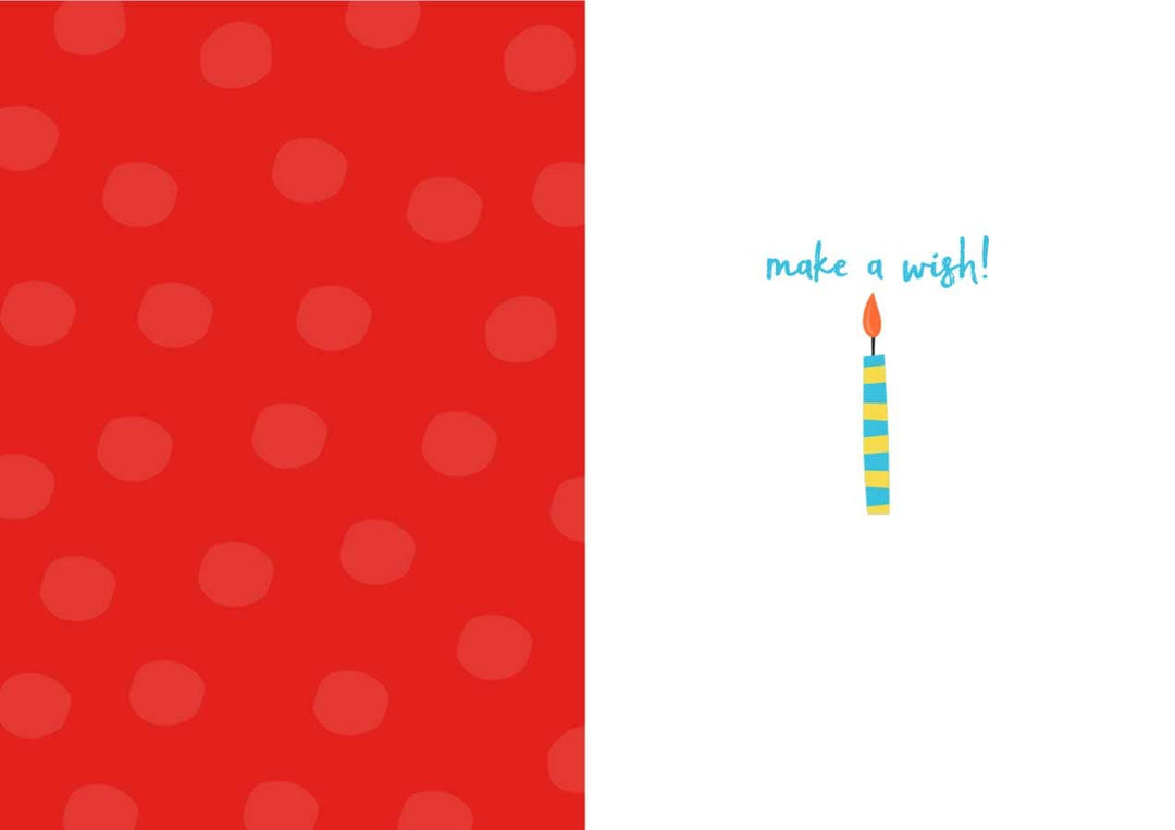 CF-7100E - Happy Birthday Candles - Foil Card - Red card with polka dot pattern and blue striped birthday candle with "make a wish!" text