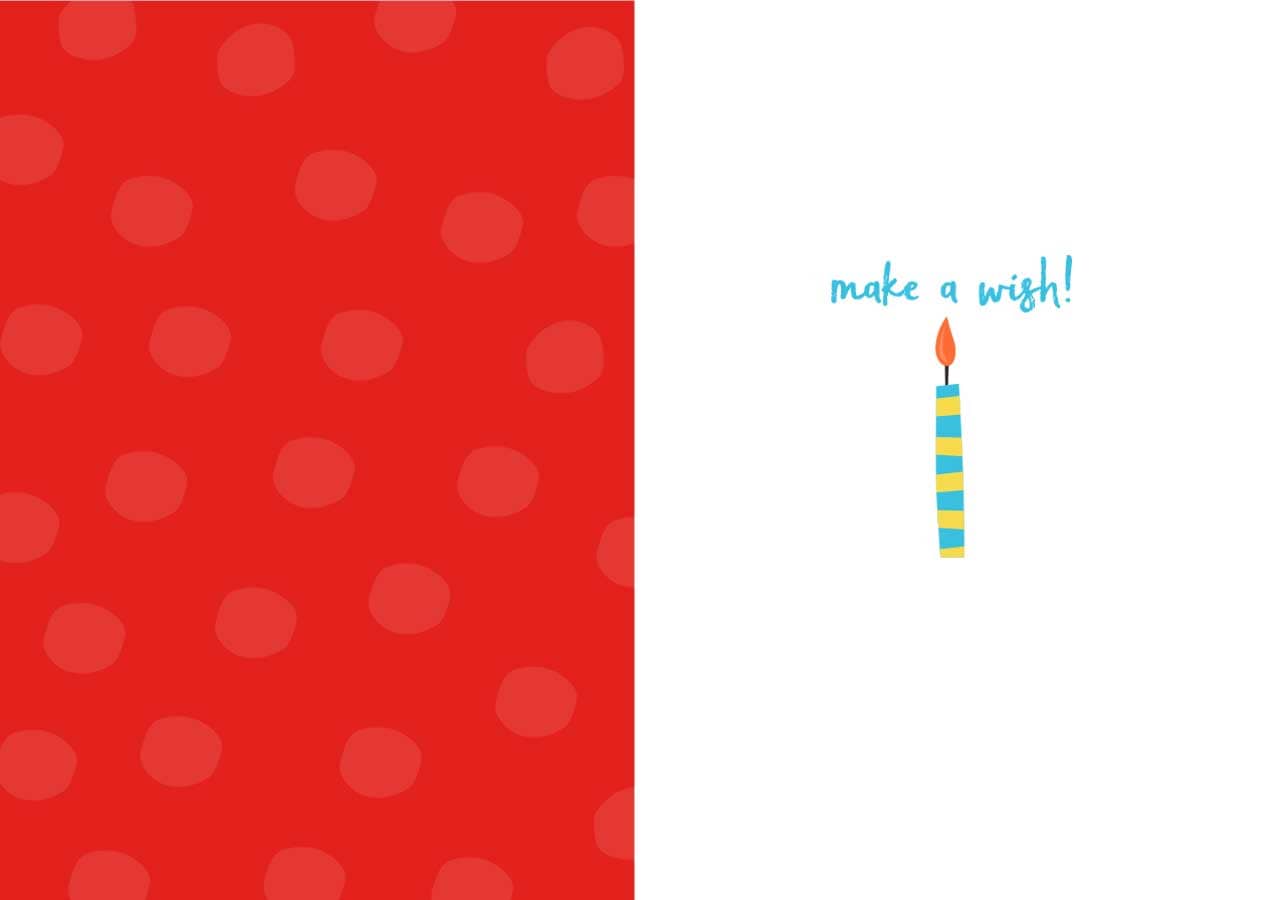 CF-7100E - Happy Birthday Candles - Foil Card - Red card with polka dot pattern and blue striped birthday candle with "make a wish!" text