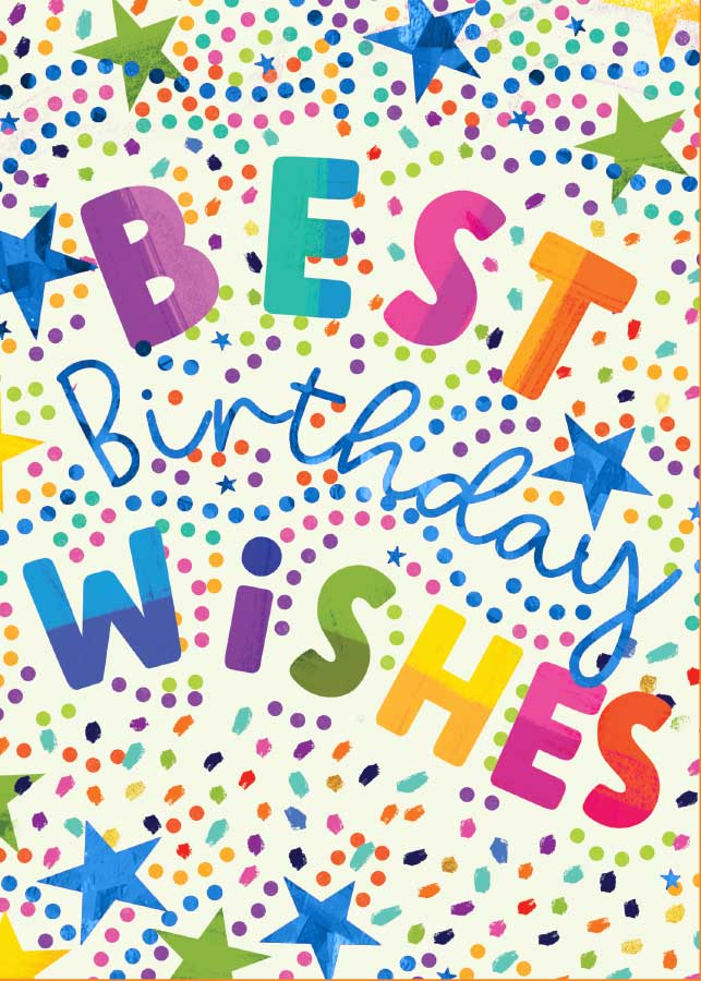 CF-7101E - Best Birthday Wishes - Foil Card - Colorful birthday greeting card with "BEST BIRTHDAY WISHES" text, stars, and confetti dots on cream background