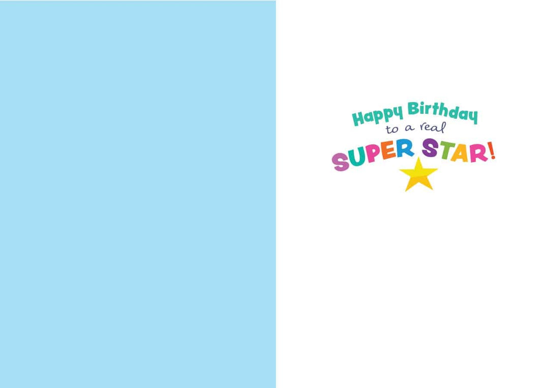 CF-7101E - Best Birthday Wishes - Foil Card - Birthday greeting card with light blue left panel and white right panel featuring colorful "Happy Birthday to a real SUPERSTAR!" text with yellow star