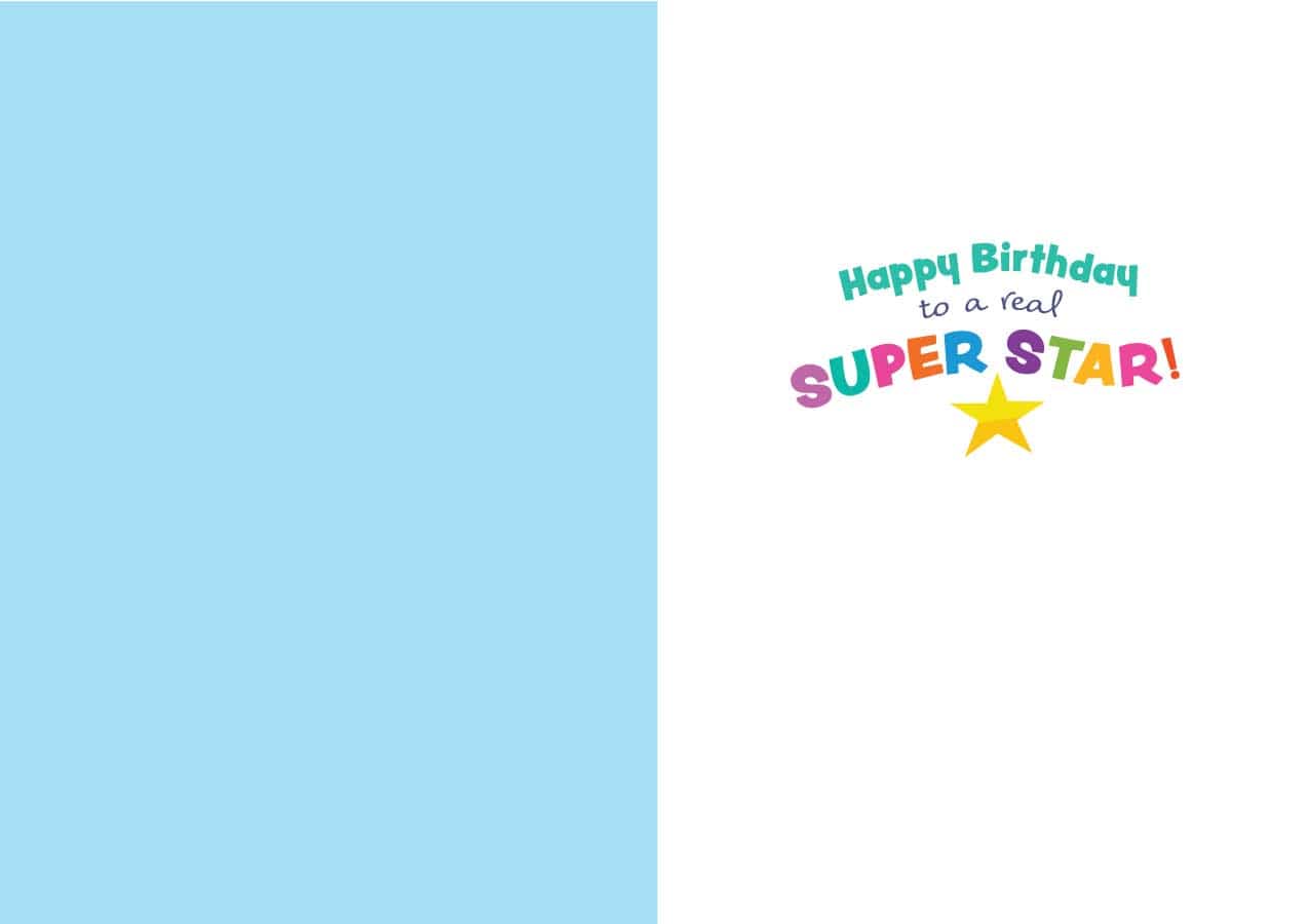 CF-7101E - Best Birthday Wishes - Foil Card - Birthday greeting card with light blue left panel and white right panel featuring colorful "Happy Birthday to a real SUPERSTAR!" text with yellow star