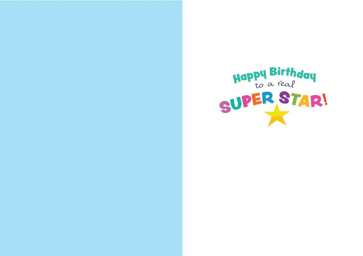 CF-7101E - Best Birthday Wishes - Foil Card - Birthday greeting card with light blue left panel and white right panel featuring colorful "Happy Birthday to a real SUPERSTAR!" text with yellow star
