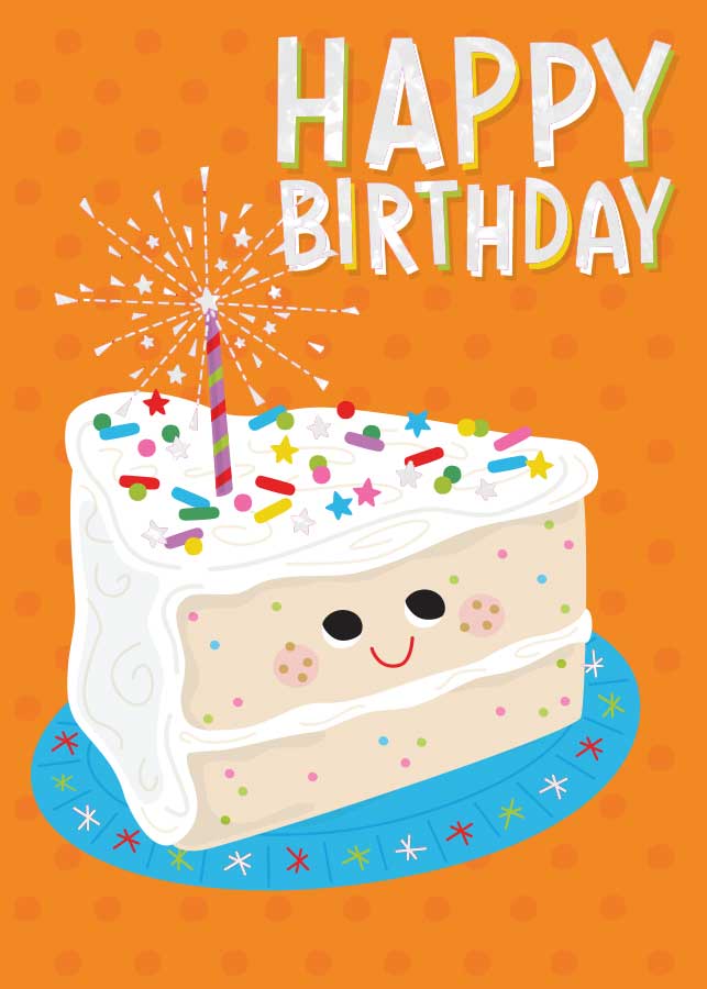 CF-7102E - Birthday Cake Slice - Foil Card - Cheerful cartoon cake slice with white frosting, smiling face, colorful sprinkles, and fireworks on orange background with "Happy Birthday" text