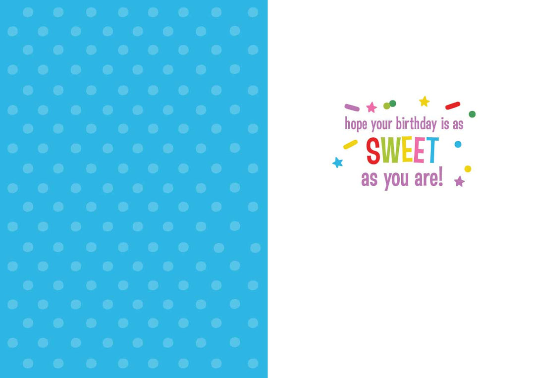 CF-7102E - Birthday Cake Slice - Foil Card - Blue polka dot greeting card with colorful confetti and purple text reading "hope your birthday is as SWEET as you are!"