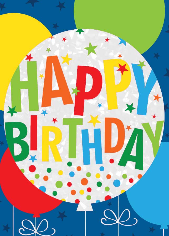 CF-7103E - Happy Birthday Balloon - Foil Card - Colorful foil card featuring "Happy Birthday" text in rainbow letters on a white balloon shape, surrounded by stars and confetti against a blue background with balloons