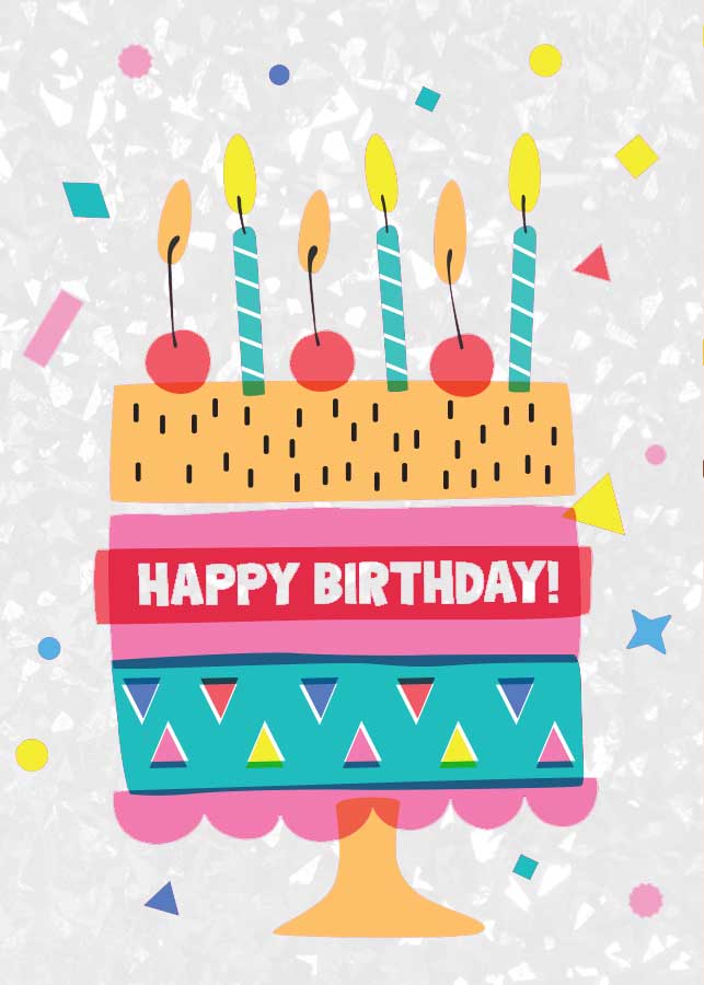 CF-7105E - Happy Birthday Cake - Foil Card - Colorful layered birthday cake illustration with candles, "Happy Birthday!" banner, and confetti on gray background