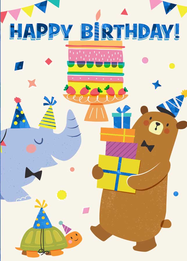 CF-7106E - Birthday Party Animals - Foil Card - Colorful birthday greeting card featuring party animals including a bear, elephant, and turtle wearing party hats surrounded by cake, gifts, and bunting