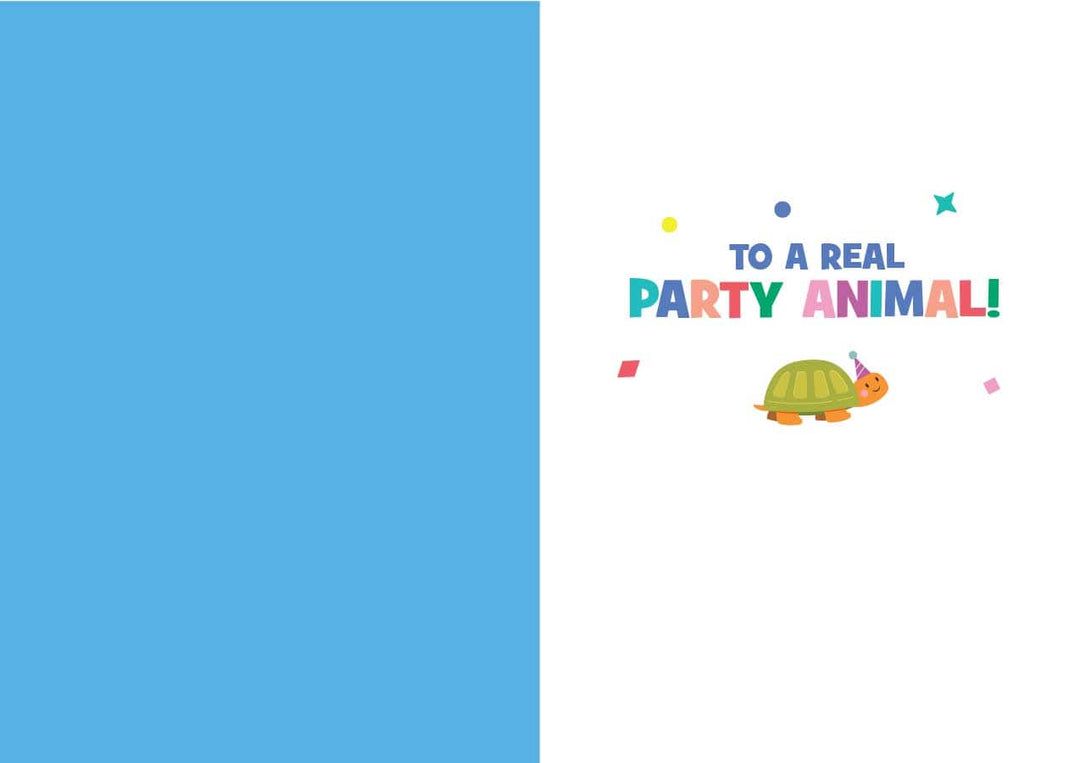 CF-7106E - Birthday Party Animals - Foil Card - Colorful birthday greeting card featuring a cartoon turtle wearing a party hat with text "TO A REAL PARTY ANIMAL!" and decorative confetti elements