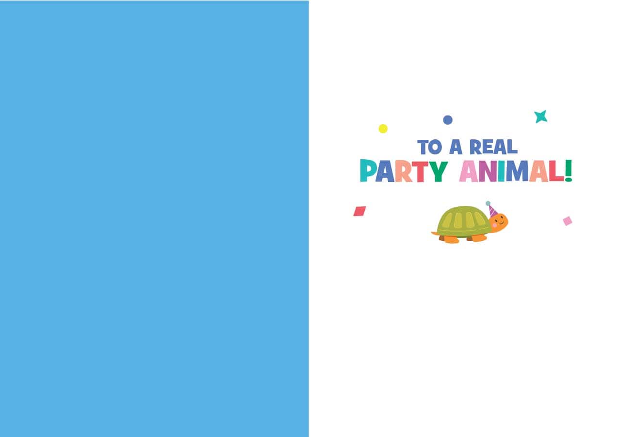 CF-7106E - Birthday Party Animals - Foil Card - Colorful birthday greeting card featuring a cartoon turtle wearing a party hat with text "TO A REAL PARTY ANIMAL!" and decorative confetti elements