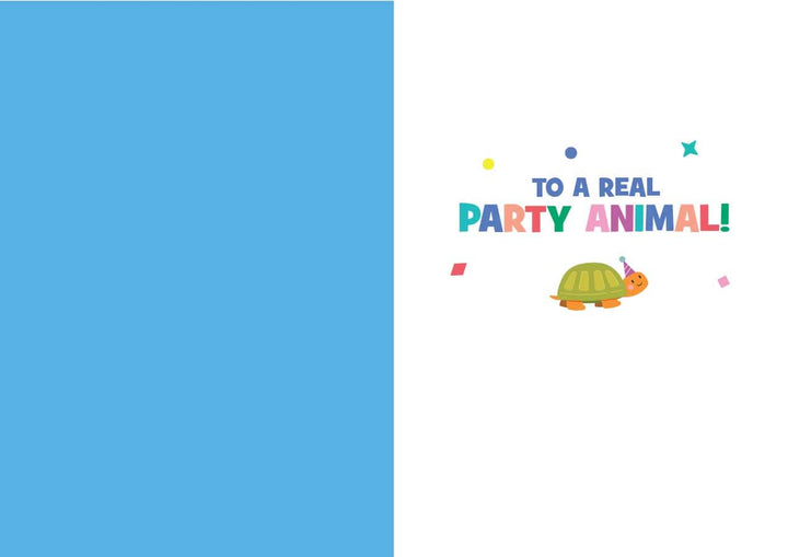CF-7106E - Birthday Party Animals - Foil Card - Colorful birthday greeting card featuring a cartoon turtle wearing a party hat with text "TO A REAL PARTY ANIMAL!" and decorative confetti elements