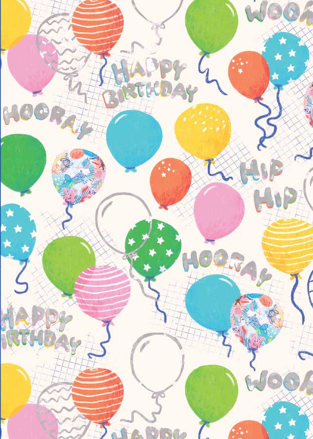 CF-7107E - Birthday Balloon Pattern - Foil Card - Colorful balloons in various patterns with "Happy Birthday" and "Hooray" text scattered throughout on a white background