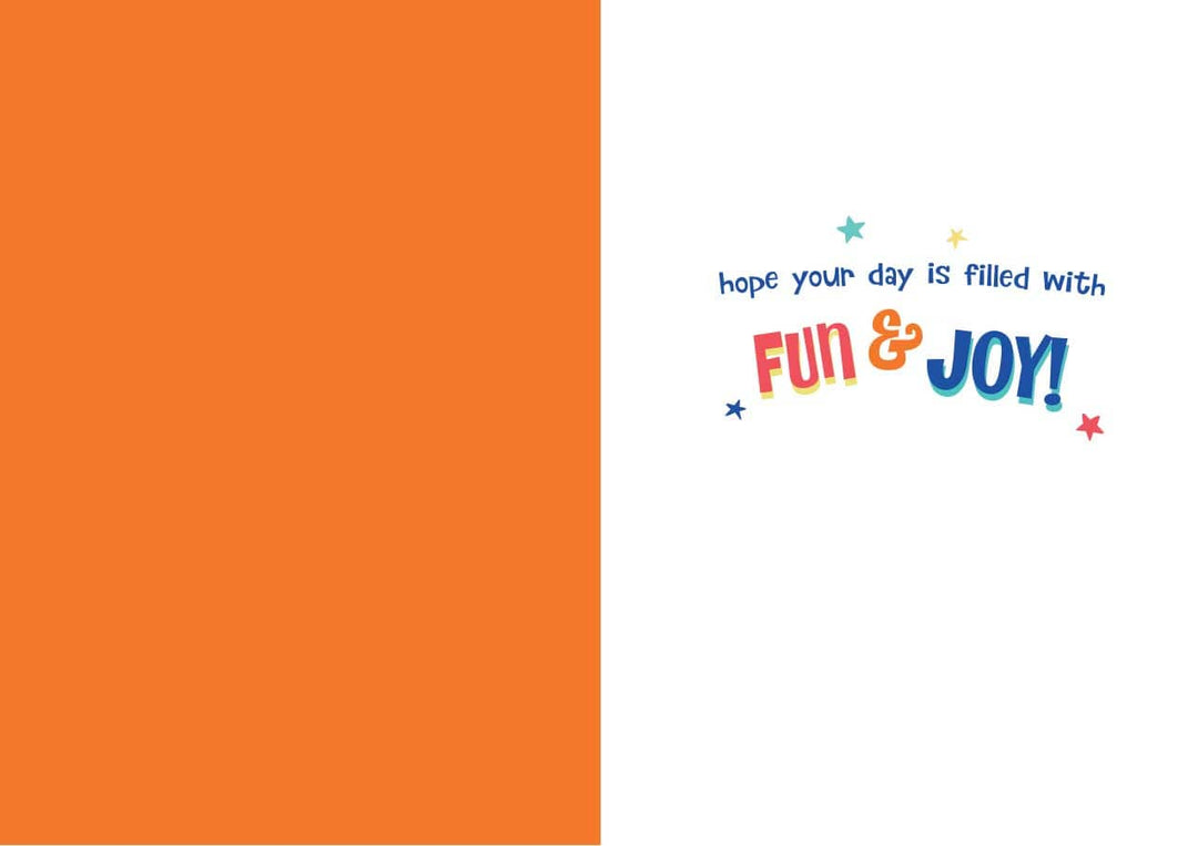 CF-7108E - Birthday Boy - Foil Card - Greeting card with orange left panel and white right panel featuring colorful text reading "hope your day is filled with FUN &amp; JOY" with decorative stars