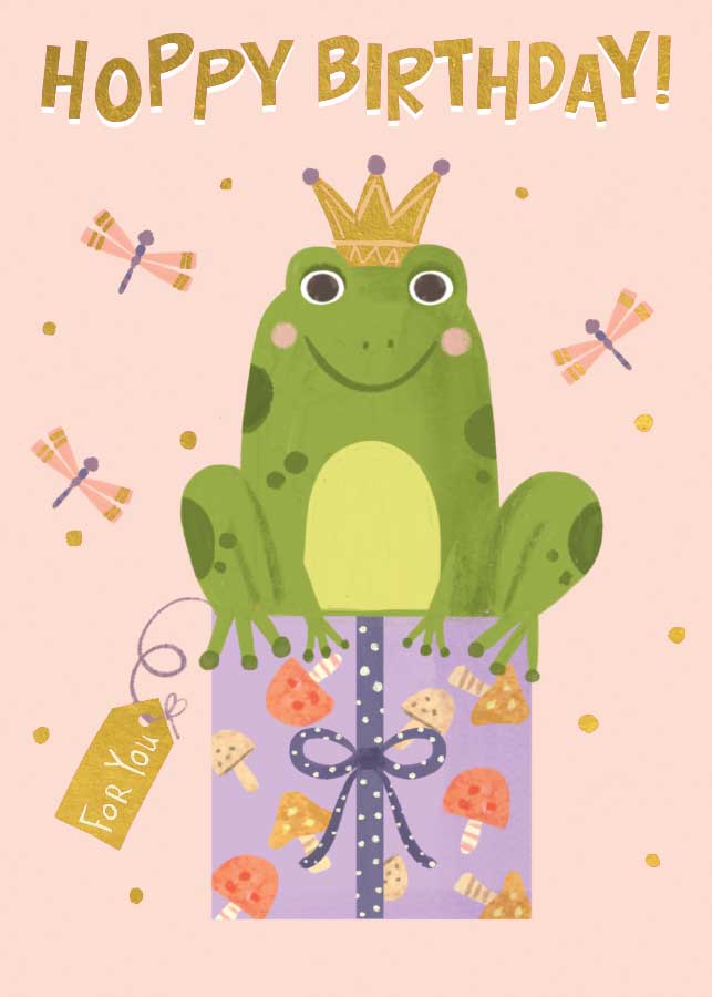CF-7109E - Birthday Frog - Foil Card - Green frog wearing a gold crown sitting in a purple gift box with "HOPPY BIRTHDAY!" text above, surrounded by dragonflies and confetti on a pink background
