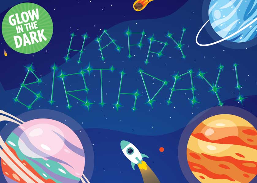 CGD-7000E - Note Card - Written in the Stars Glow in the Dark - Colorful space scene with glowing green constellations, planets, rocket, and "GLOW IN THE DARK" badge on dark blue background