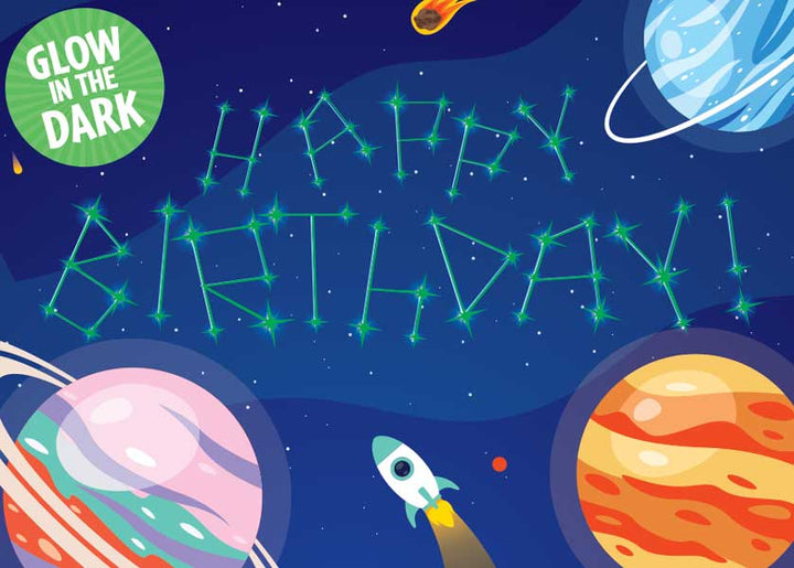 CGD-7000E - Note Card - Written in the Stars Glow in the Dark - Colorful space scene with glowing green constellations, planets, rocket, and "GLOW IN THE DARK" badge on dark blue background