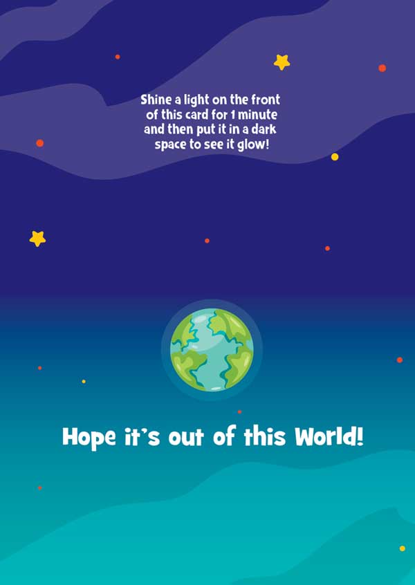 CGD-7000E - Note Card - Written in the Stars Glow in the Dark - Glow-in-the-dark note card featuring Earth and stars against a purple-to-teal gradient night sky with "Hope it's out of this World!" text