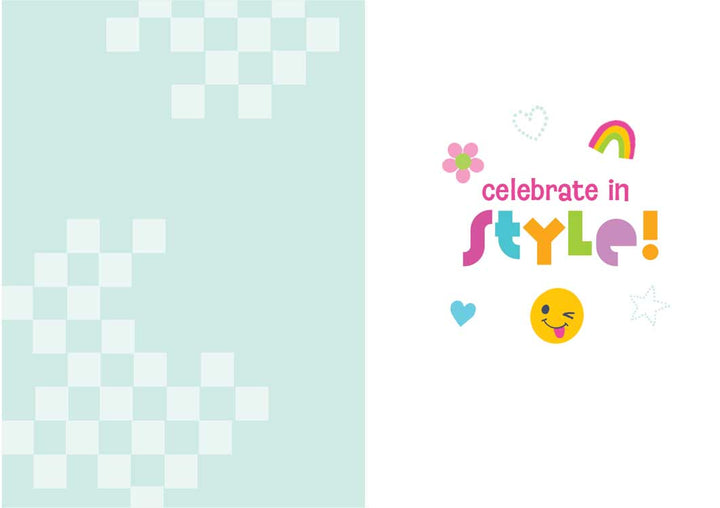 birthday note card inside spread featuring illustrations of a rainbow, flower, heart and smiley face.
