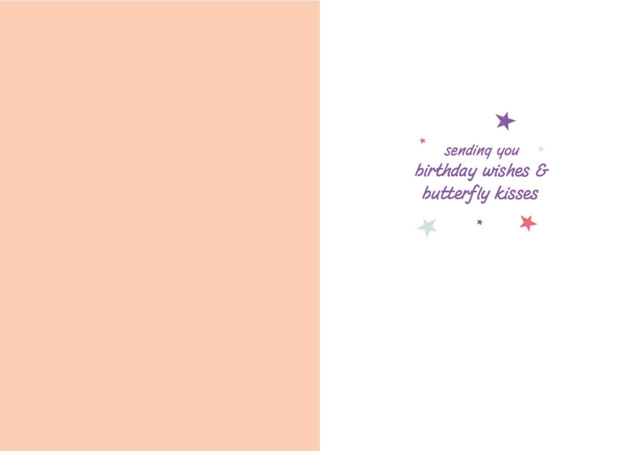 CGL-7015E - Birthday Butterfly - Glitter Card - Peach and white greeting card with purple text reading "sending you birthday wishes & butterfly kisses" surrounded by colorful stars