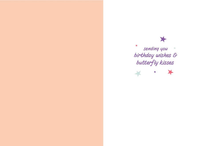 CGL-7015E - Birthday Butterfly - Glitter Card - Peach and white greeting card with purple text reading "sending you birthday wishes &amp; butterfly kisses" surrounded by colorful stars