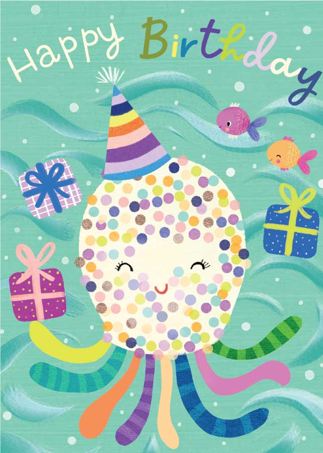 CGL-7016E - Birthday Octopus - Glitter Card - Colorful birthday greeting card featuring a smiling octopus with polka-dot face, party hat, and rainbow tentacles surrounded by gifts and fish on turquoise background
