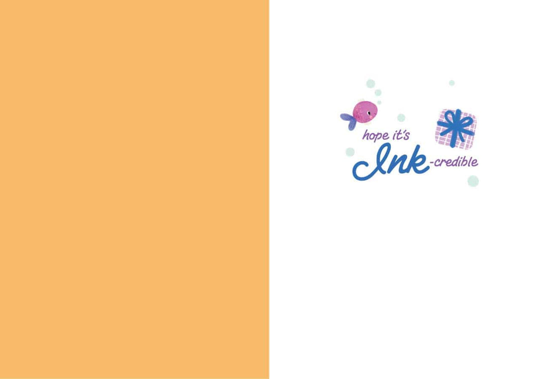 CGL-7016E - Birthday Octopus - Glitter Card - Birthday card with orange left panel, white right panel featuring purple fish, gift box, bubbles, and blue cursive text reading "hope it&
