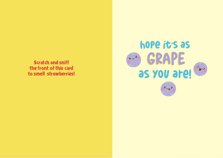 CSS-7013E - Note Card - Cute Fruit Scratch and Sniff - Folded note card with yellow left side and cream right side featuring purple grape characters and blue text reading "hope it&