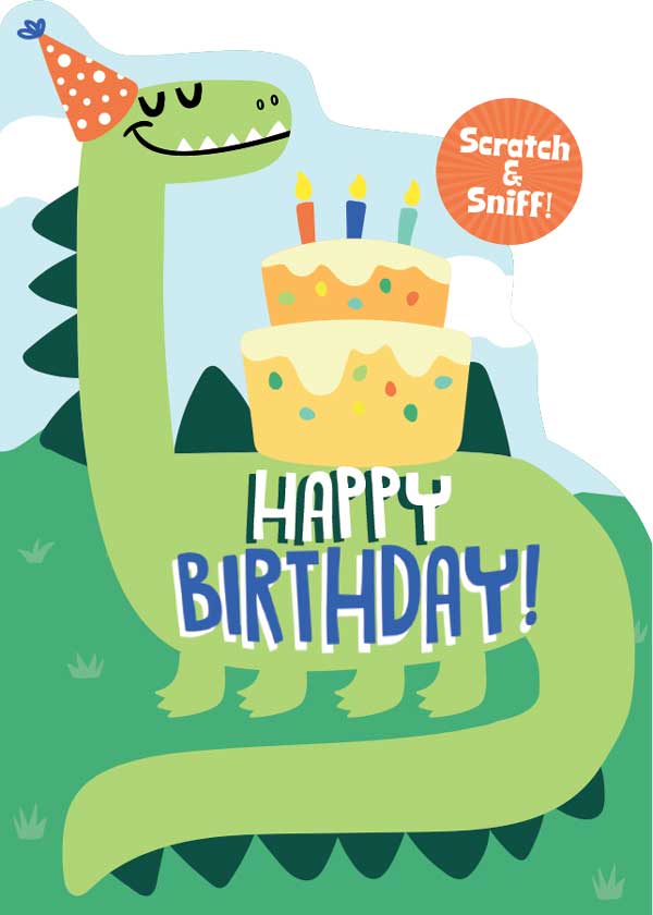 CSS-7014E - Note Card - Dinosaur Scratch and Sniff - Green dinosaur wearing a party hat next to a birthday cake with "Happy Birthday!" text and scratch-and-sniff circle