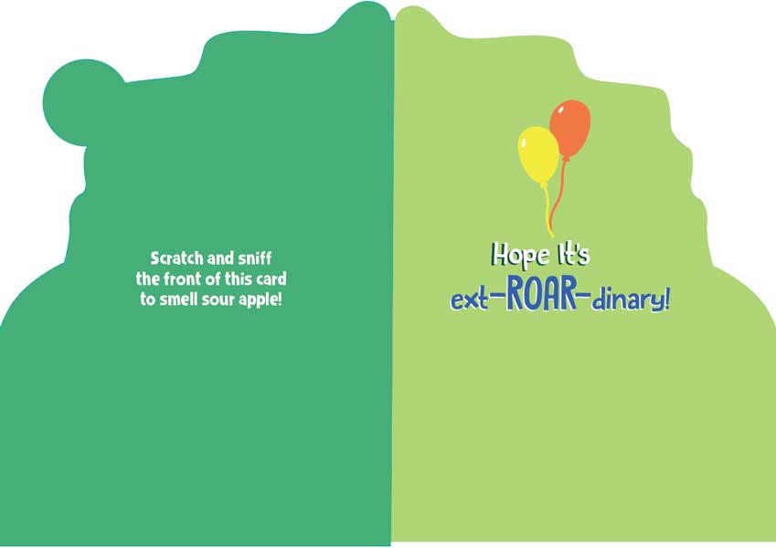 CSS-7014E - Note Card - Dinosaur Scratch and Sniff - Green and yellow folded card with balloons and "Hope it's extr-ROAR-dinary!" text, featuring scratch-and-sniff feature