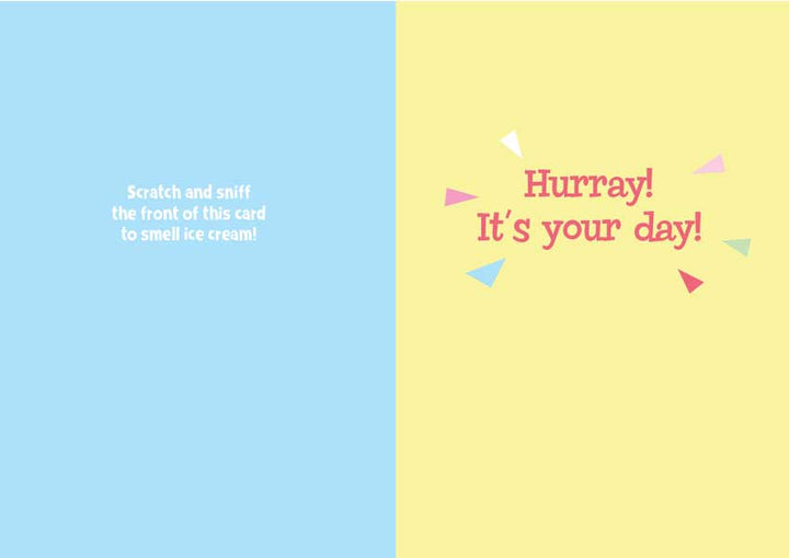 CSS-7015E - Note Card - Ice Cream Cone Scratch and Sniff - Blue and yellow folded card with "Hurray! It&