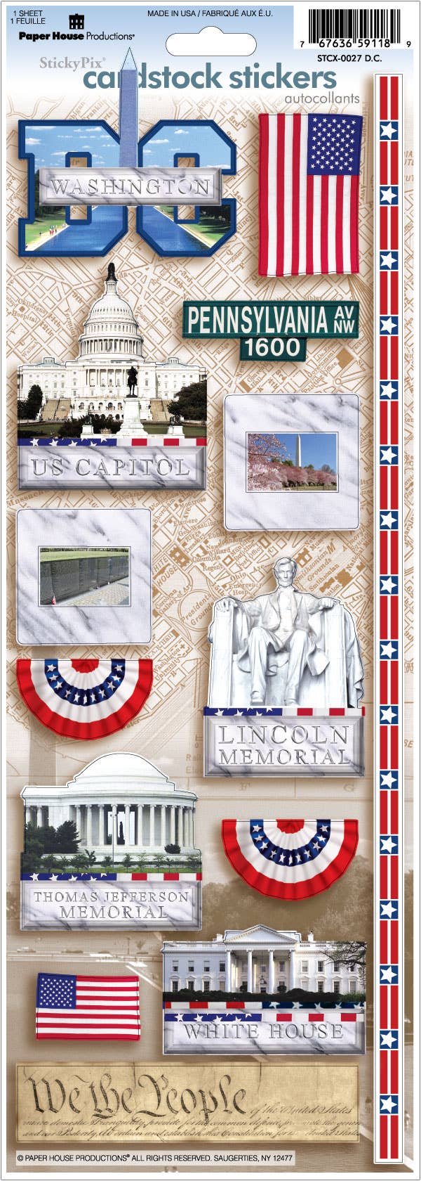 Washington DC cardstock stickers featuring the Capitol, Lincoln Memorial, Jefferson Memorial, White House, and Washington Monument