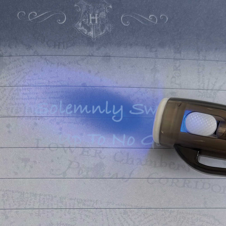 DRY-1000E - Locking Diary - Harry Potter Invisible Ink - Invisible ink pen revealing hidden text on a lined diary page with Hogwarts crest and decorative flourishes