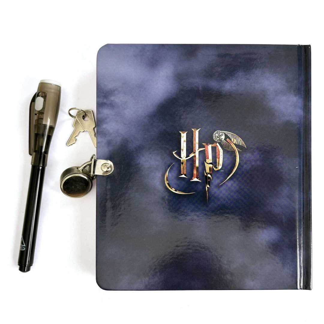 DRY-1000E - Locking Diary - Harry Potter Invisible Ink - Dark blue diary with HP logo and owl design, displayed with brass lock, keys, and invisible ink pen