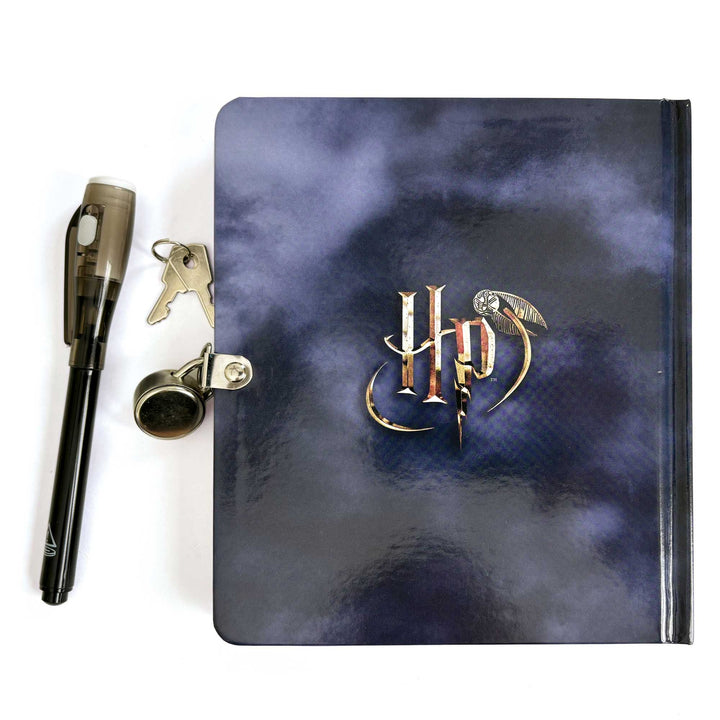 DRY-1000E - Locking Diary - Harry Potter Invisible Ink - Dark blue diary with HP logo and owl design, displayed with brass lock, keys, and invisible ink pen