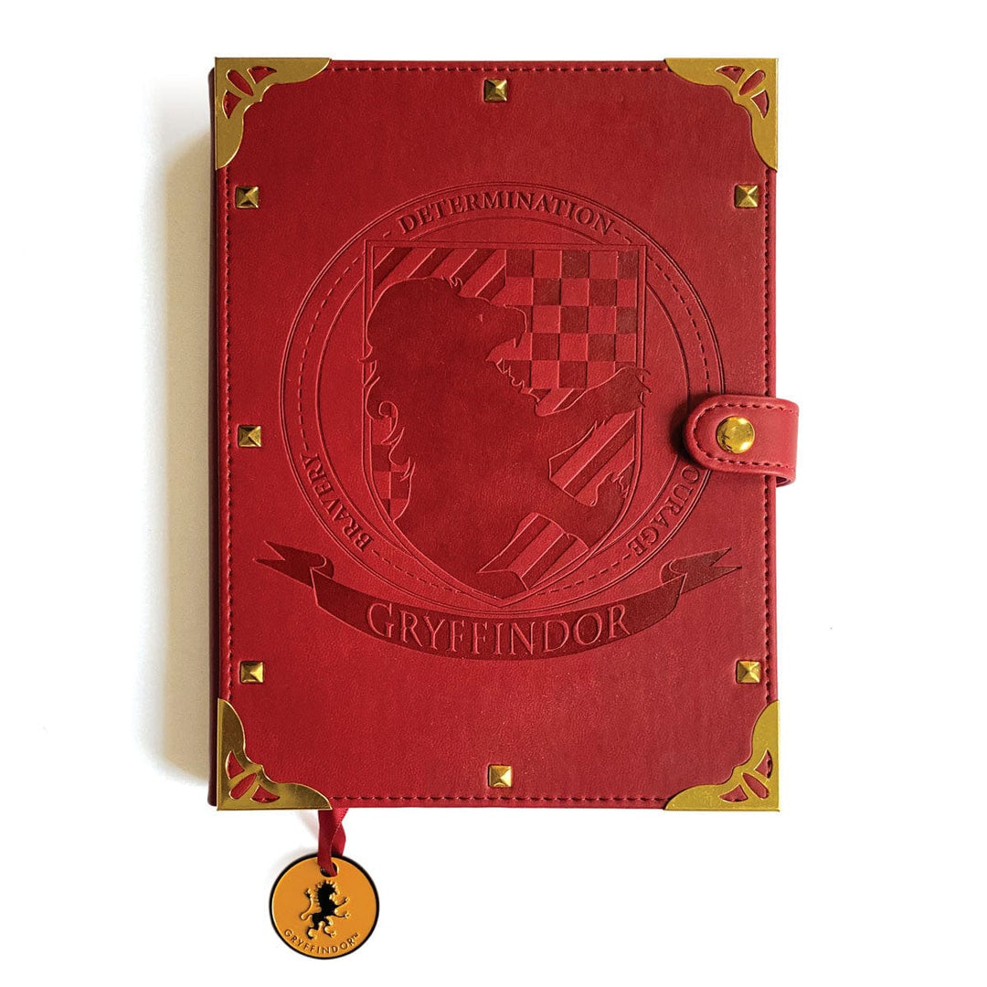 JL-0066E - Harry Potter Gryffindor Vegan Leather Journal - Red vegan leather journal with gold corners, embossed circular Gryffindor crest, brass clasp, and dangling house crest bookmark