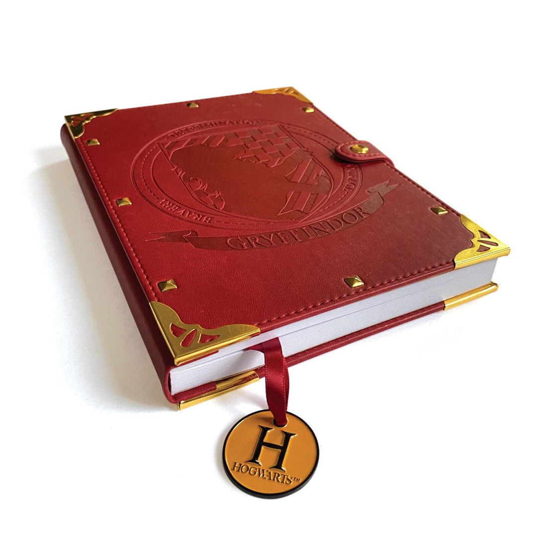 JL-0066E - Harry Potter Gryffindor Vegan Leather Journal - Red vegan leather journal with gold corner details, embossed crest, and Hogwarts charm bookmark