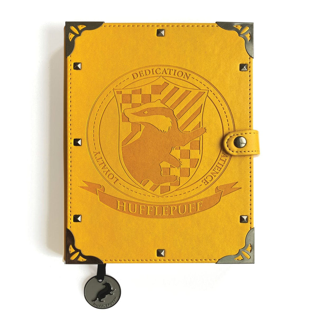 JL-0069E - Harry Potter Hufflepuff Vegan Leather Journal - Yellow vegan leather journal with embossed badger crest, metal corners, snap closure, and dangling charm
