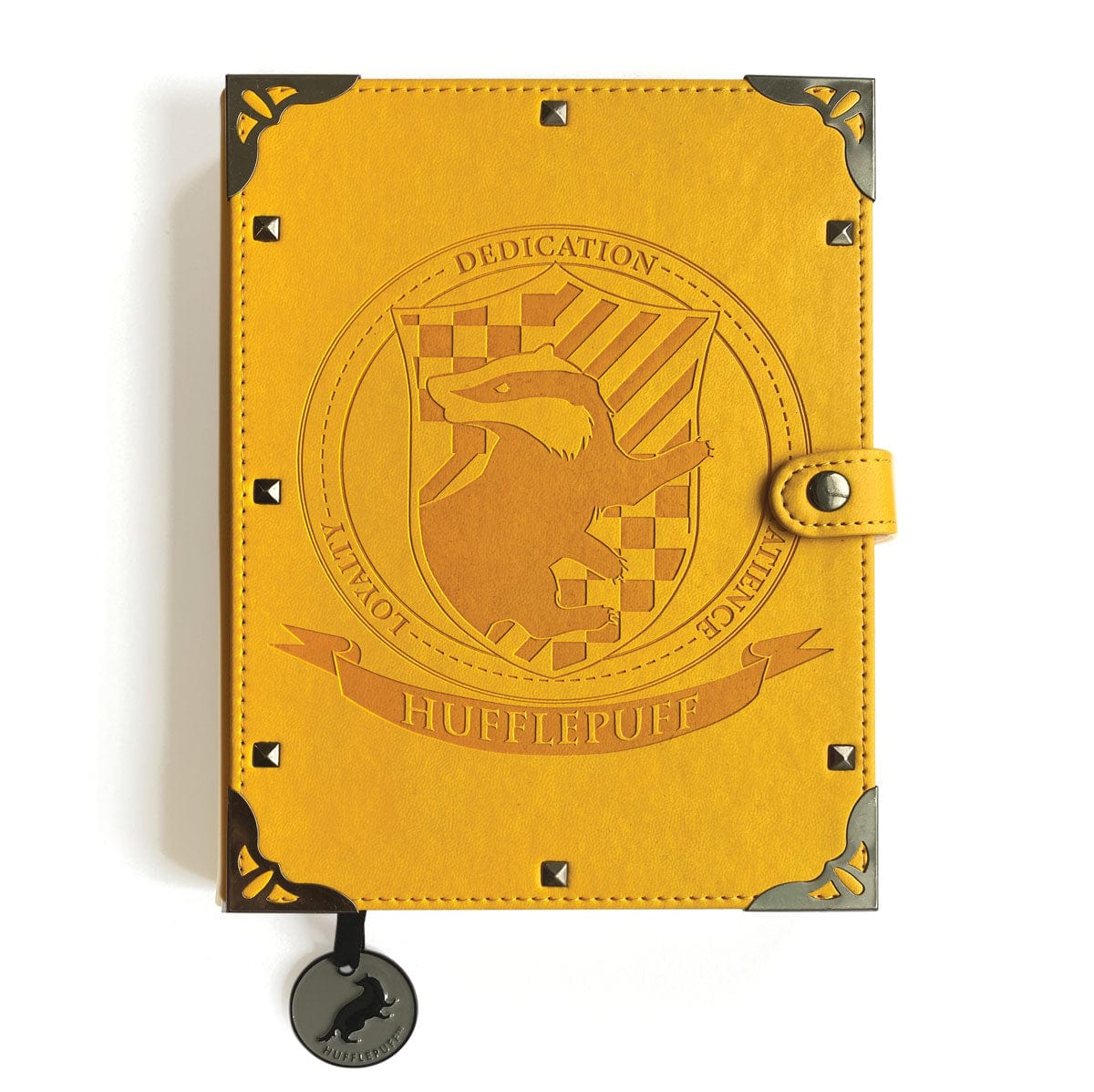 JL-0069E - Harry Potter Hufflepuff Vegan Leather Journal - Yellow vegan leather journal with embossed badger crest, metal corners, snap closure, and dangling charm