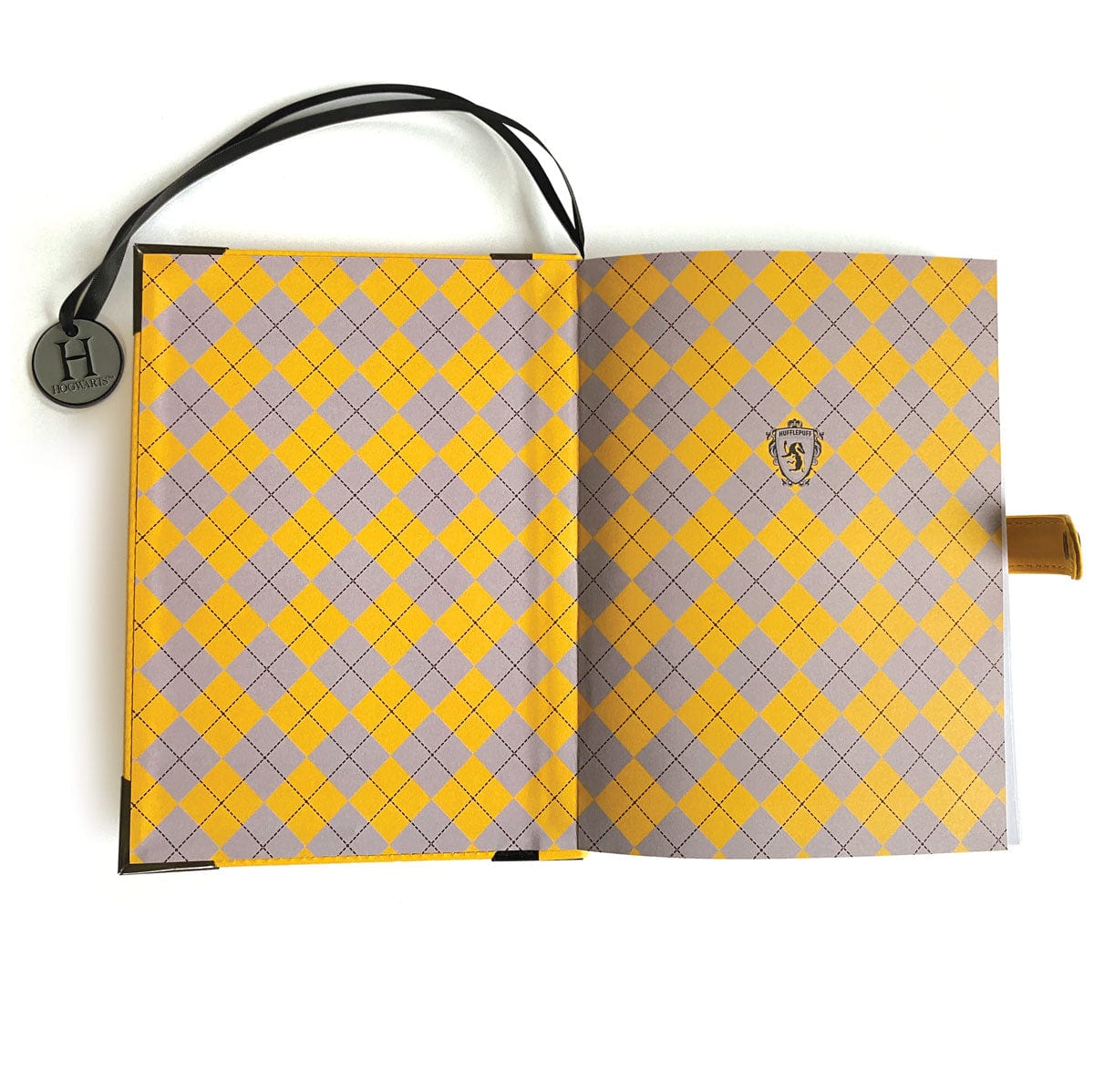 JL-0069E - Harry Potter Hufflepuff Vegan Leather Journal - Open vegan leather journal with yellow and gray argyle pattern and black cord bookmark with charm