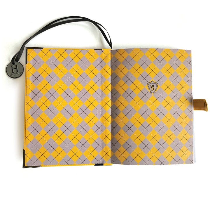 JL-0069E - Harry Potter Hufflepuff Vegan Leather Journal - Open vegan leather journal with yellow and gray argyle pattern and black cord bookmark with charm