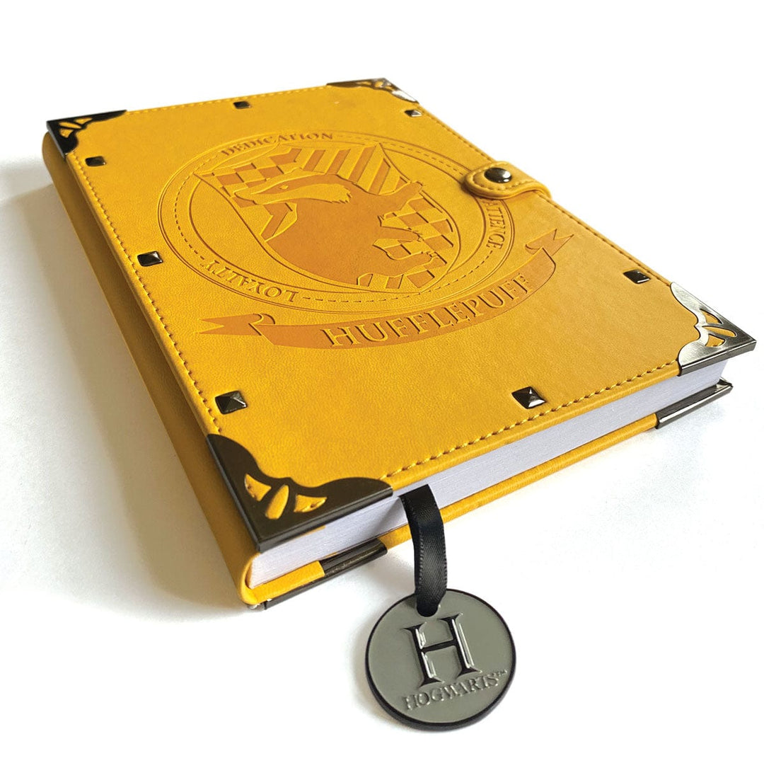 JL-0069E - Harry Potter Hufflepuff Vegan Leather Journal - Yellow vegan leather journal with embossed Hufflepuff crest, metal corners, and dangling Hogwarts "H" charm