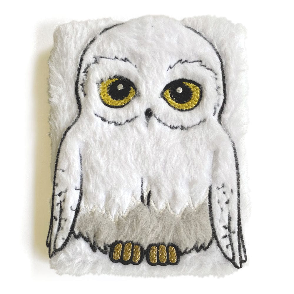 JLP-0002E - Harry Potter Journal Notebook - Plush Hedwig - Plush white owl with yellow eyes, black outline details, and golden talons against a white background