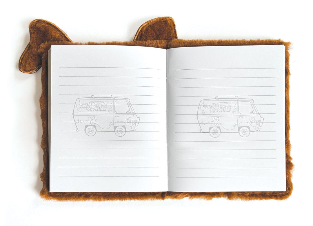 JLP-0003E - Scooby Doo Plush Journal - Brown plush-covered journal open to lined pages featuring Mystery Machine sketch illustrations