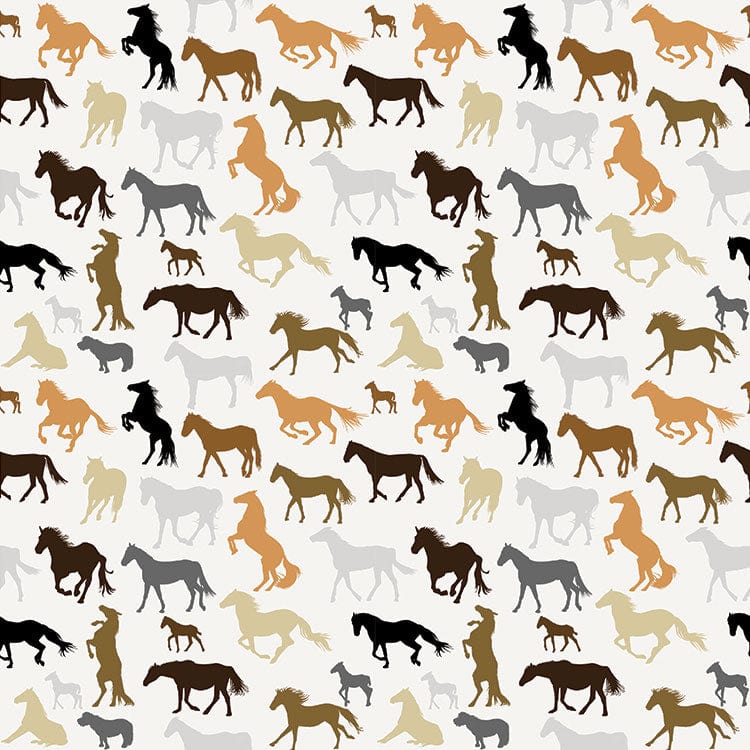 scrapbook paper featuring a pattern of brown, gray and peach colored illustrated silhouetted horses in various positions against a white background.