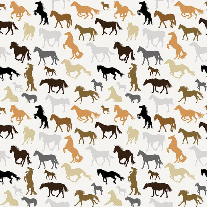 scrapbook paper featuring a pattern of brown, gray and peach colored illustrated silhouetted horses in various positions against a white background.