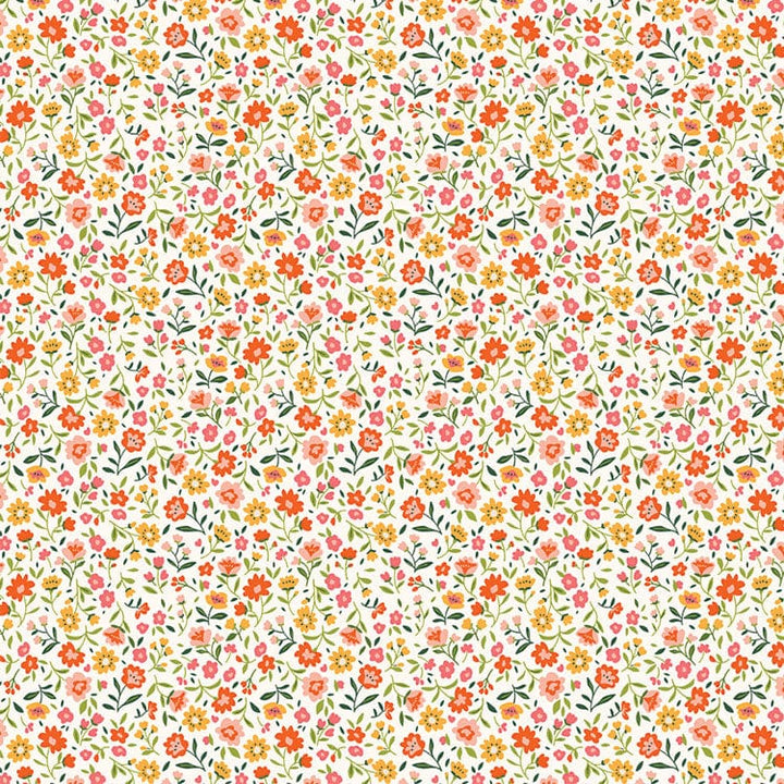 scrapbook paper featuring a pattern of orange, pink, yellow and green illustrated florals