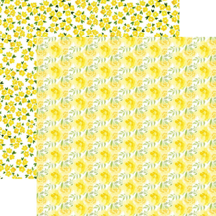 scrapbook paper featuring pattern of small yellow watercolor florals with green leaves on white background shown overlapping a pattern of small yellow flowers.