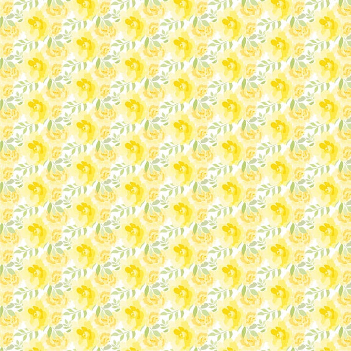 scrapbook paper featuring pattern of small yellow watercolor florals with green leaves on white background