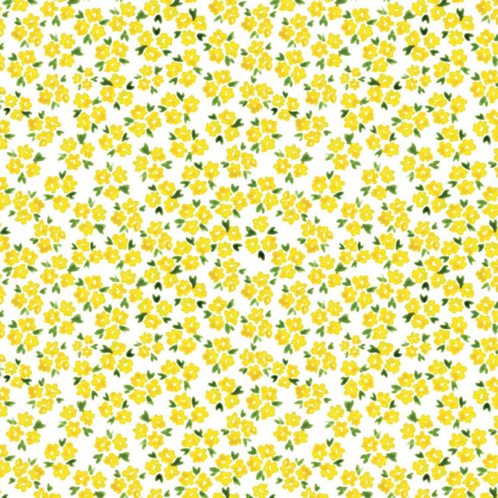 scrapbook paper featuring pattern of small yellow watercolor florals with green leaves on white background